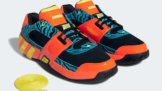 View of Gilbert Arenas' multi-colored Adidas shoes.